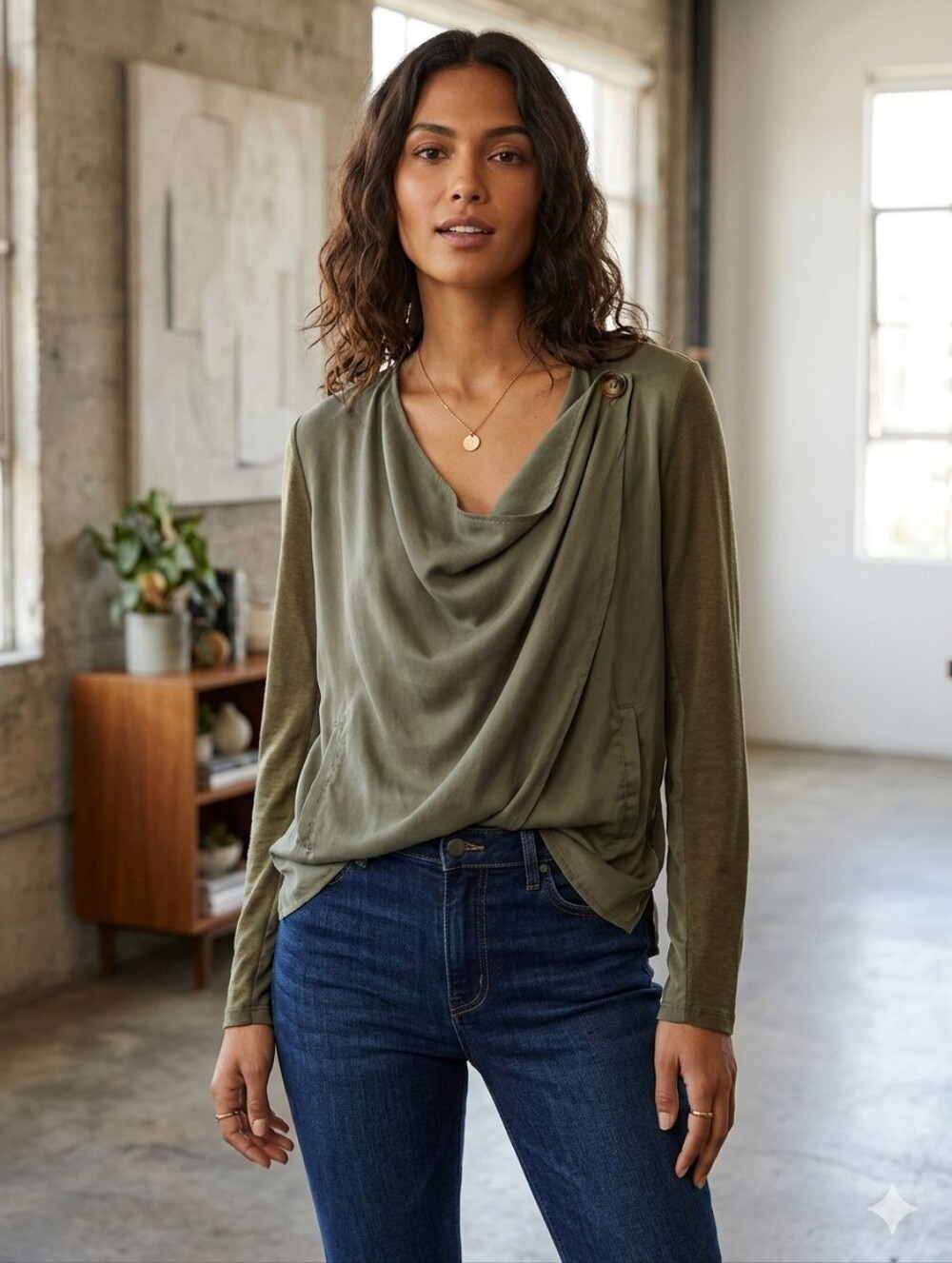 Blank NYC Draped Olive Cowl Neck Two Tone Breasted Coverup